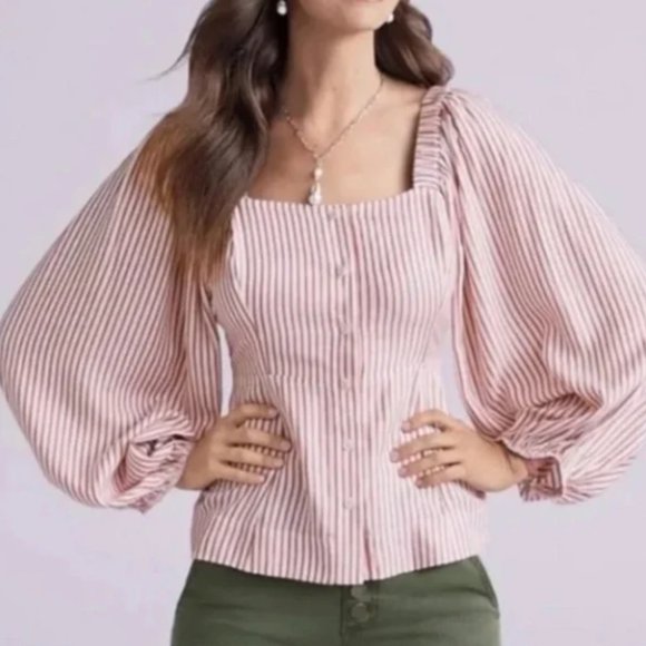 CAbi Tops - Cabi Carnival Bishop Sleeve Square Neck Striped Top Festive Stripe Size M